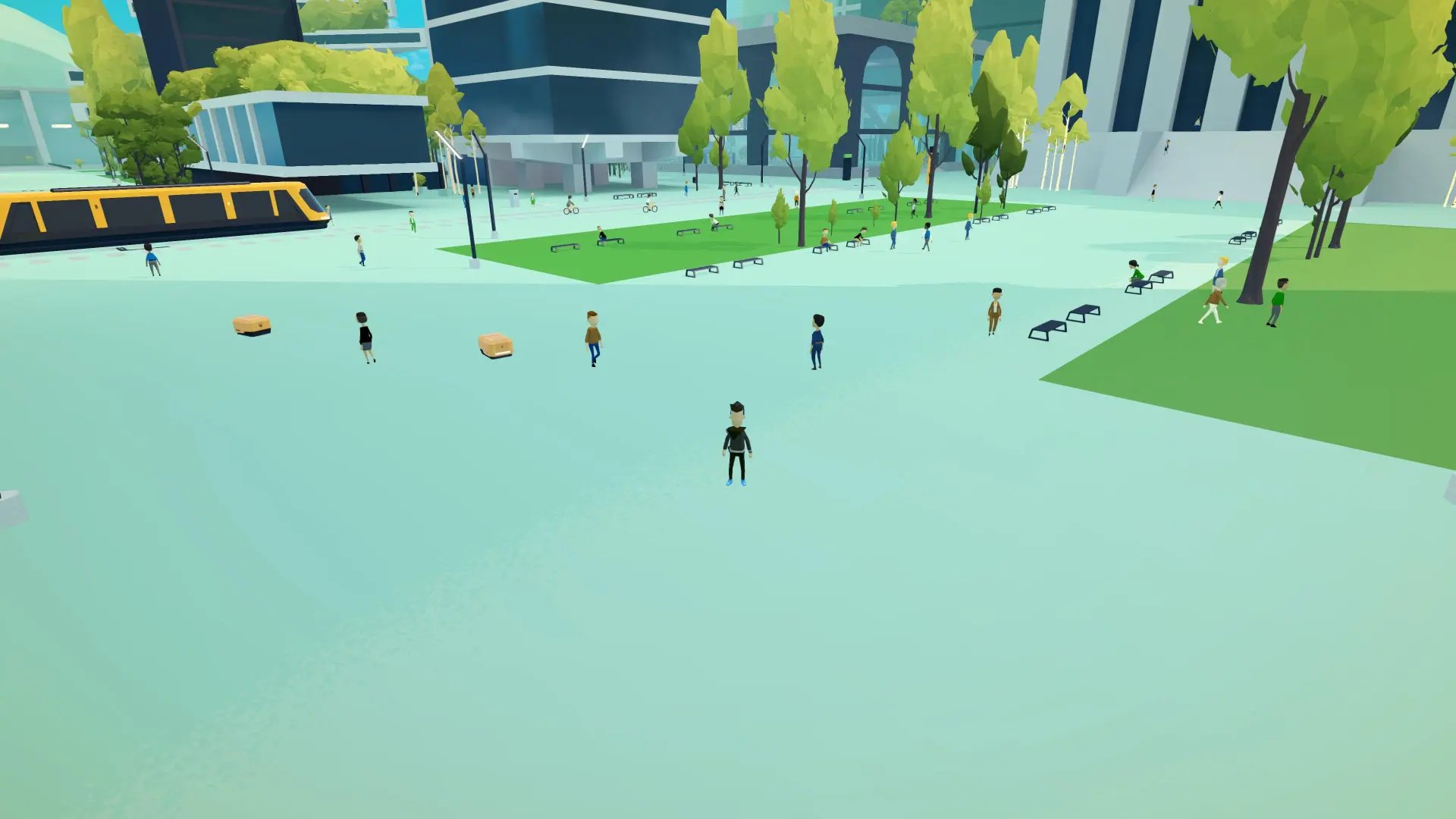 Screenshot from Novantica with NPC crowd walking in the street