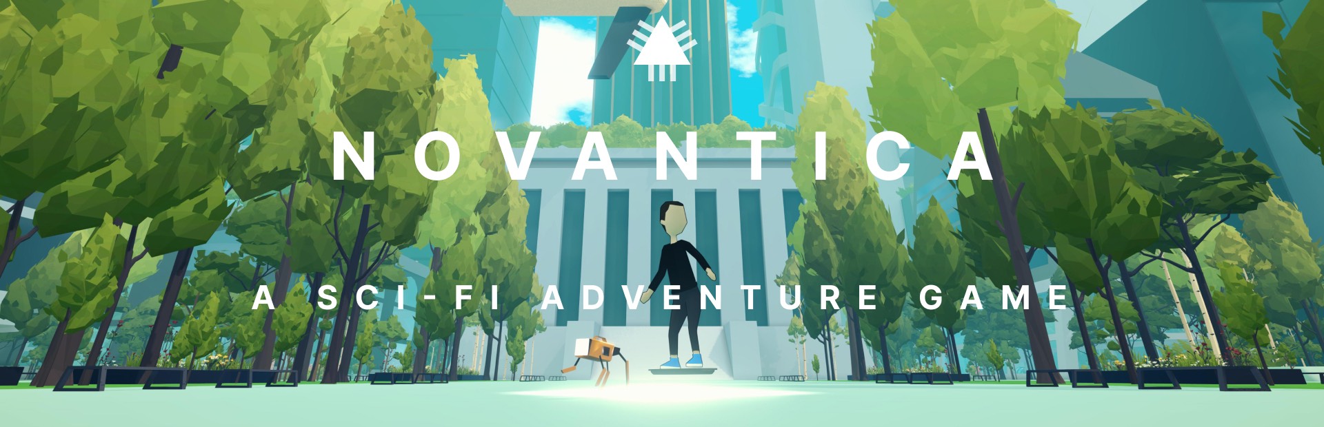 Novantica game screenshot with protagonist on hoverboard